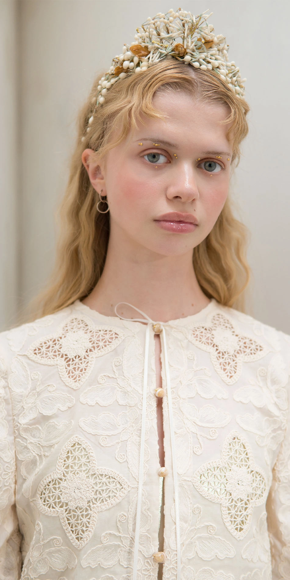 Round neck embroidered cotton jacket in cream portrait