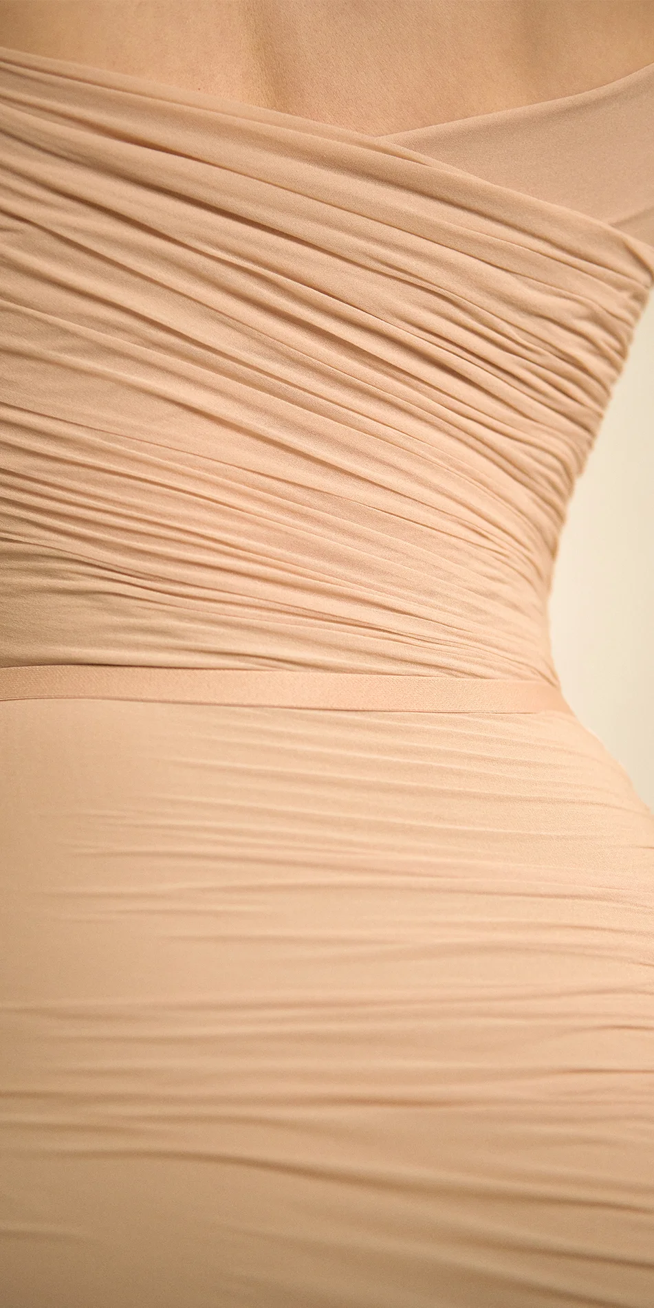 Sheer bodycon midi dress in light beige draping detail