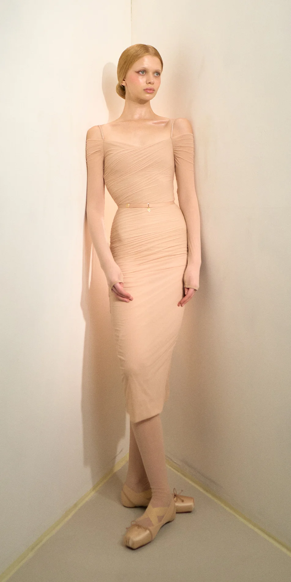 Sheer bodycon midi dress in light beige front view