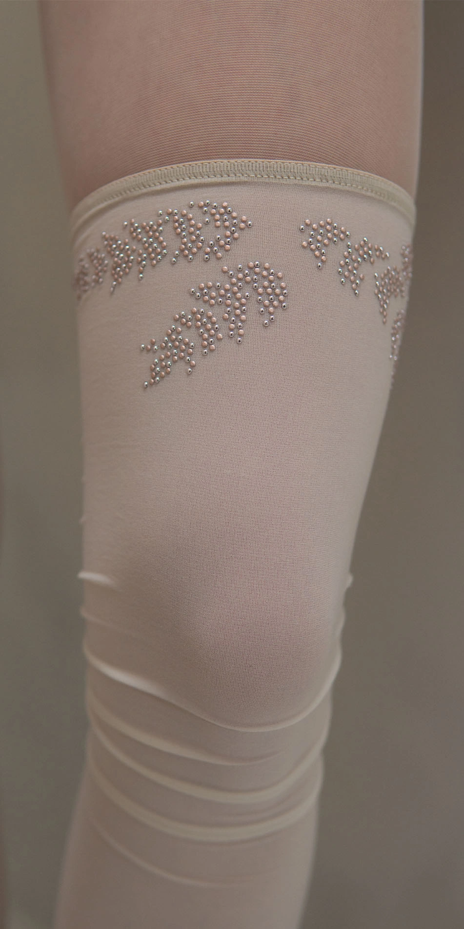 Thigh high stockings rhinestuds in cream front detail
