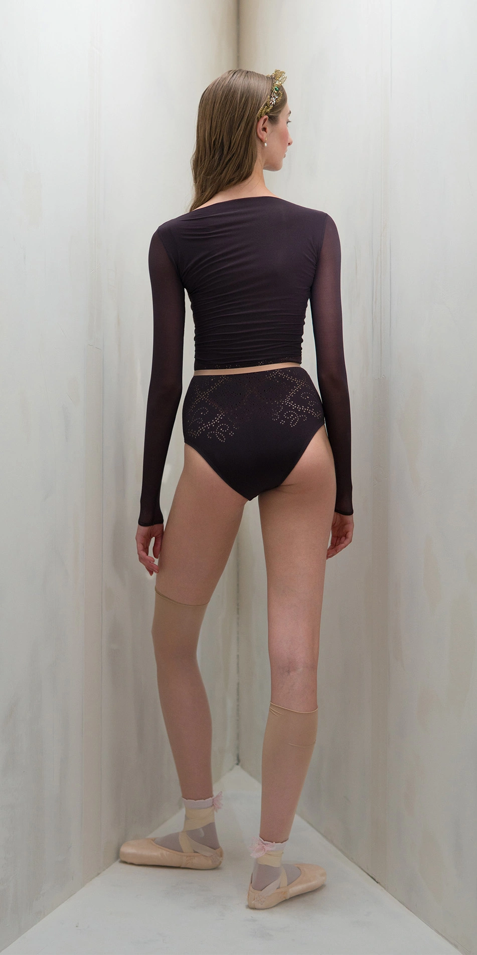 Sheer wrap croptop in dark purple back view