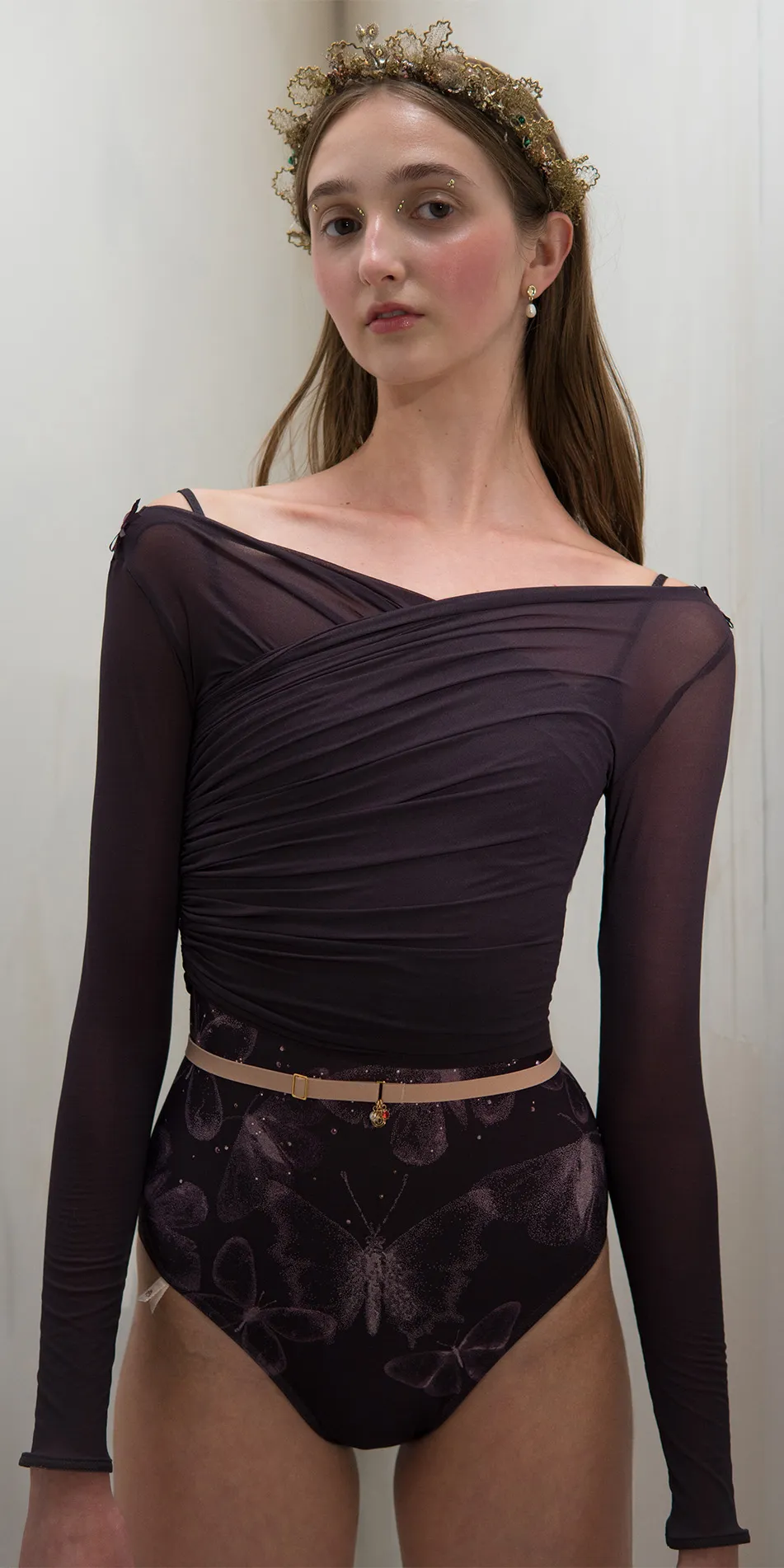 Sheer wrap croptop in dark purple front cropped