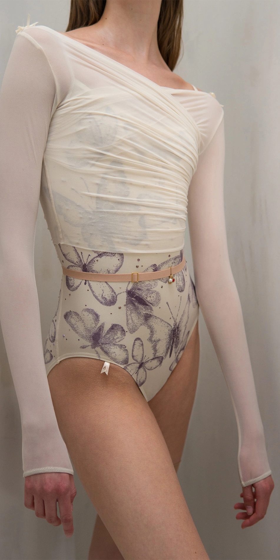 Sheer wrap croptop in cream close up front