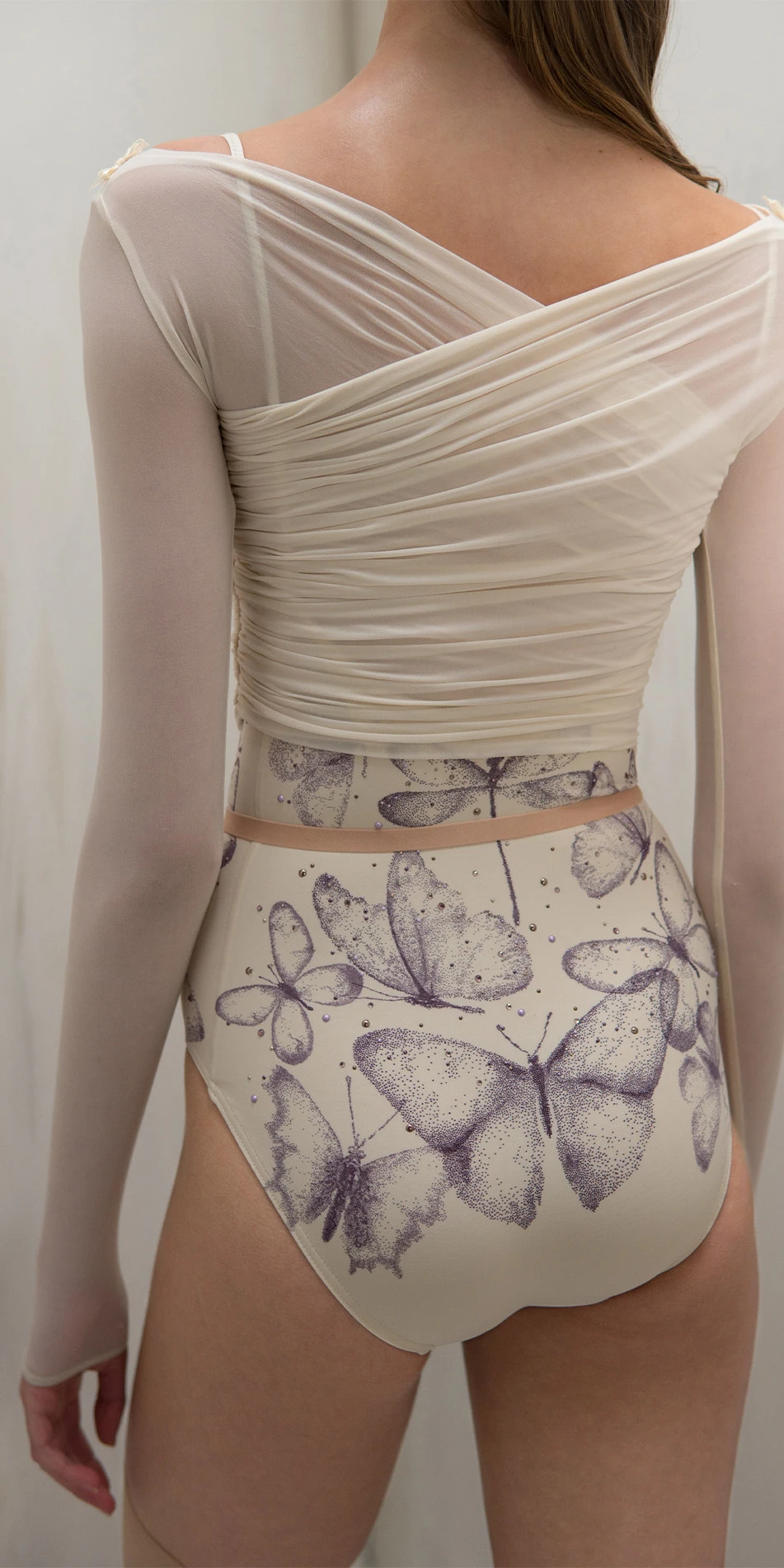 Sheer wrap croptop in cream close up back