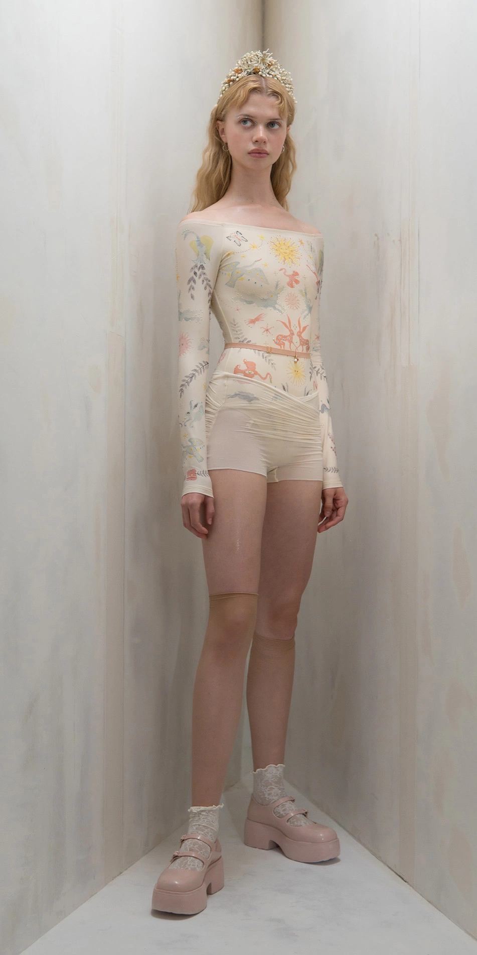 Sheer wrap shorts in cream full body front 1