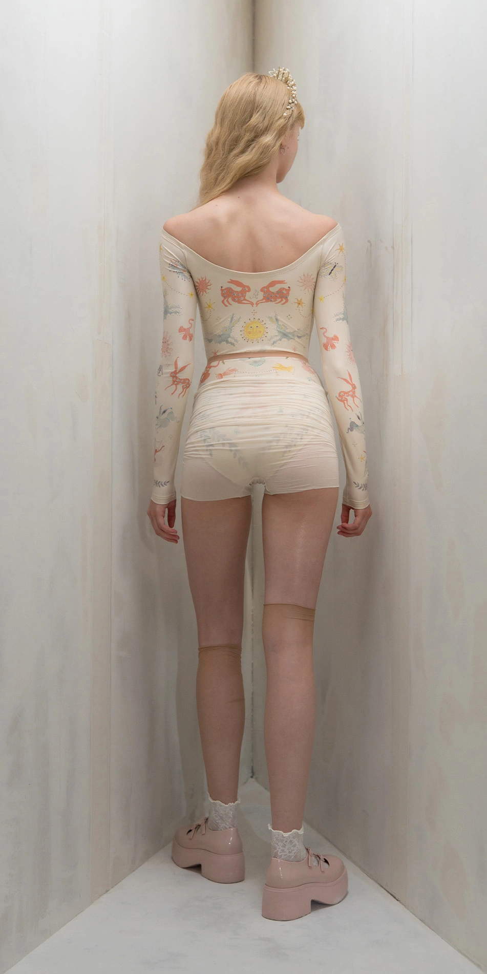 Sheer wrap shorts in cream full body back 1
