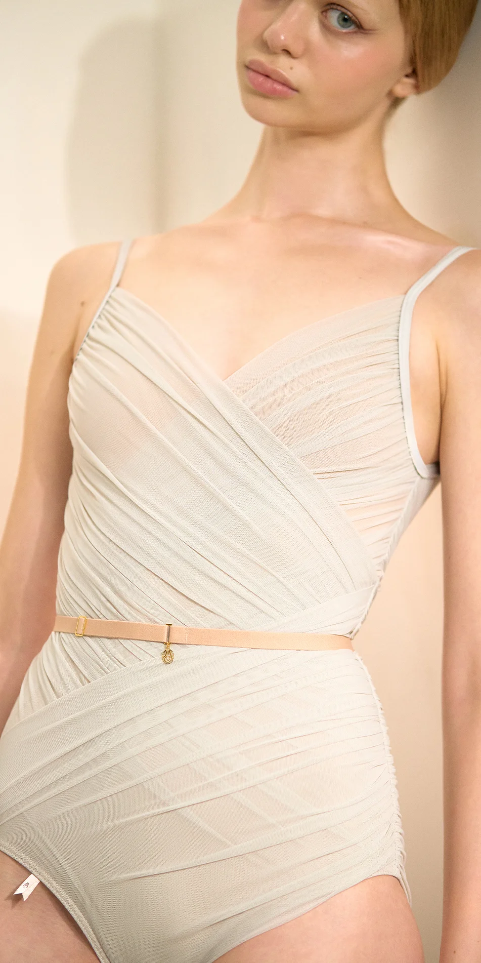 Cache coeur neckline draped leotard in sage green front close up