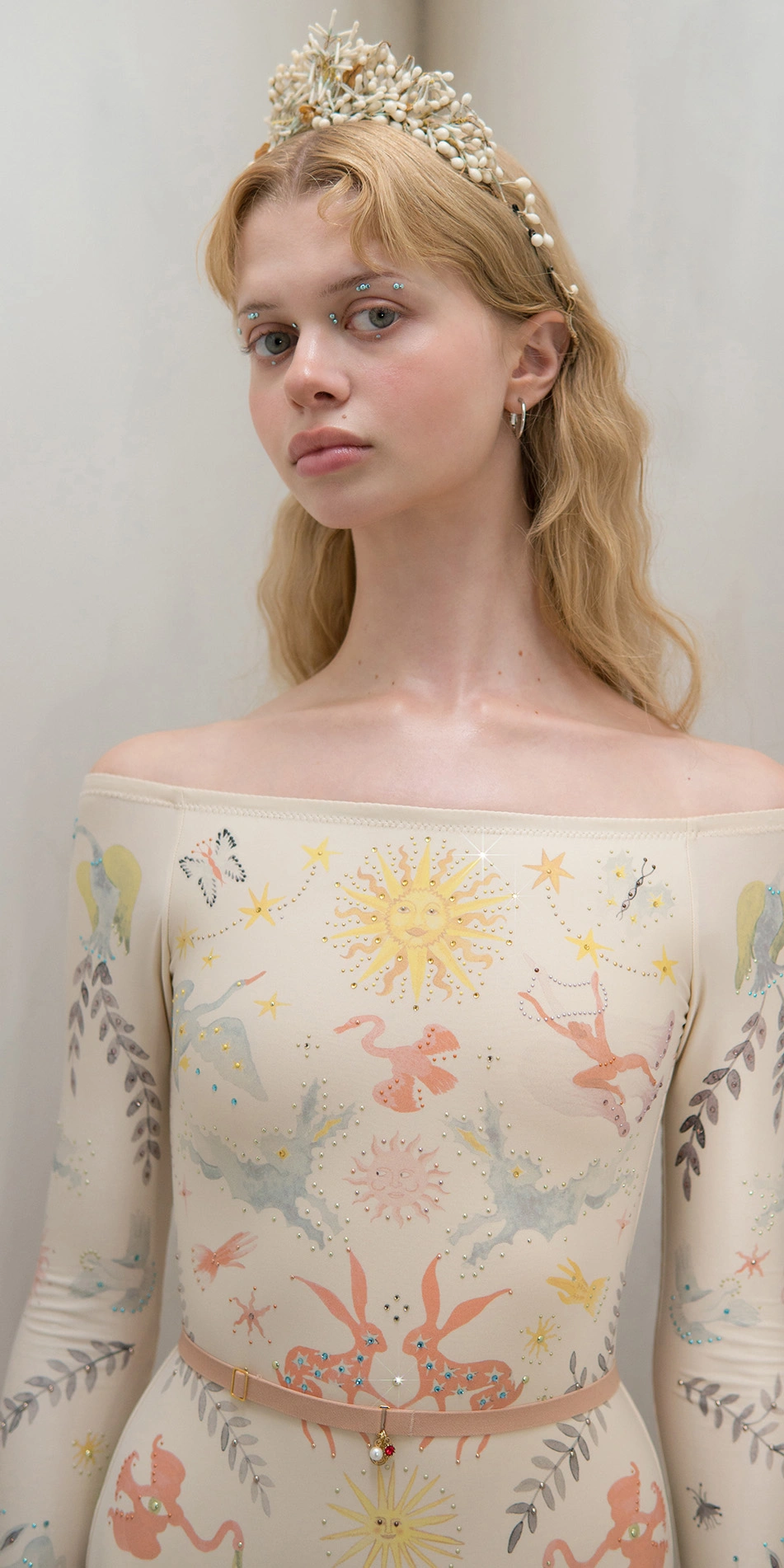 Printed boatneck leotard with rhinestones in cream close up front 1
