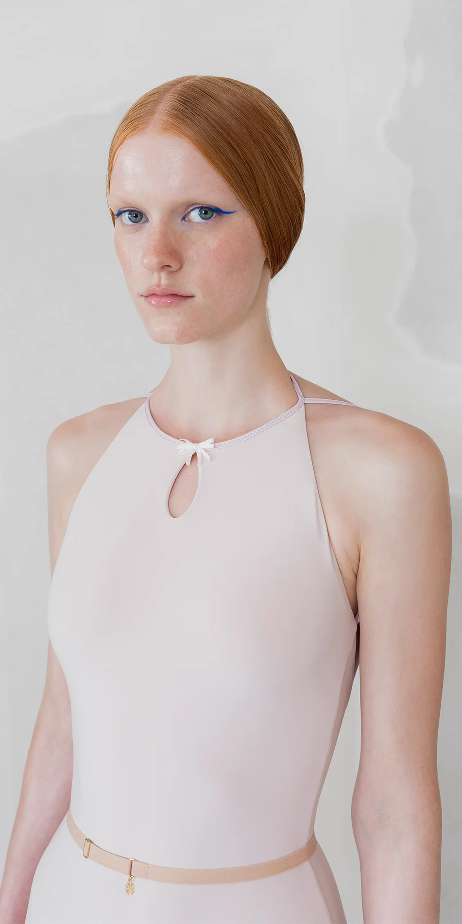 Classic choker leotard with cut out in pearl pink front close up