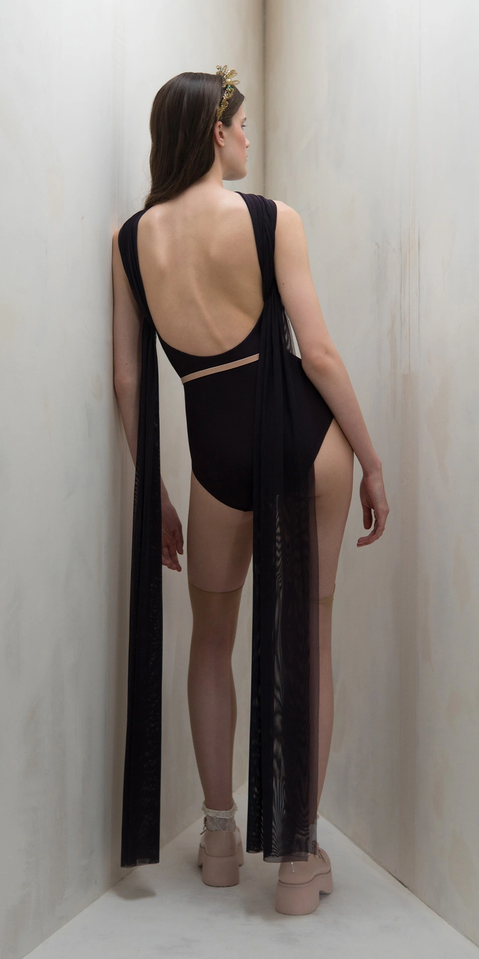 Halter scarf leotard in dark purple full body back