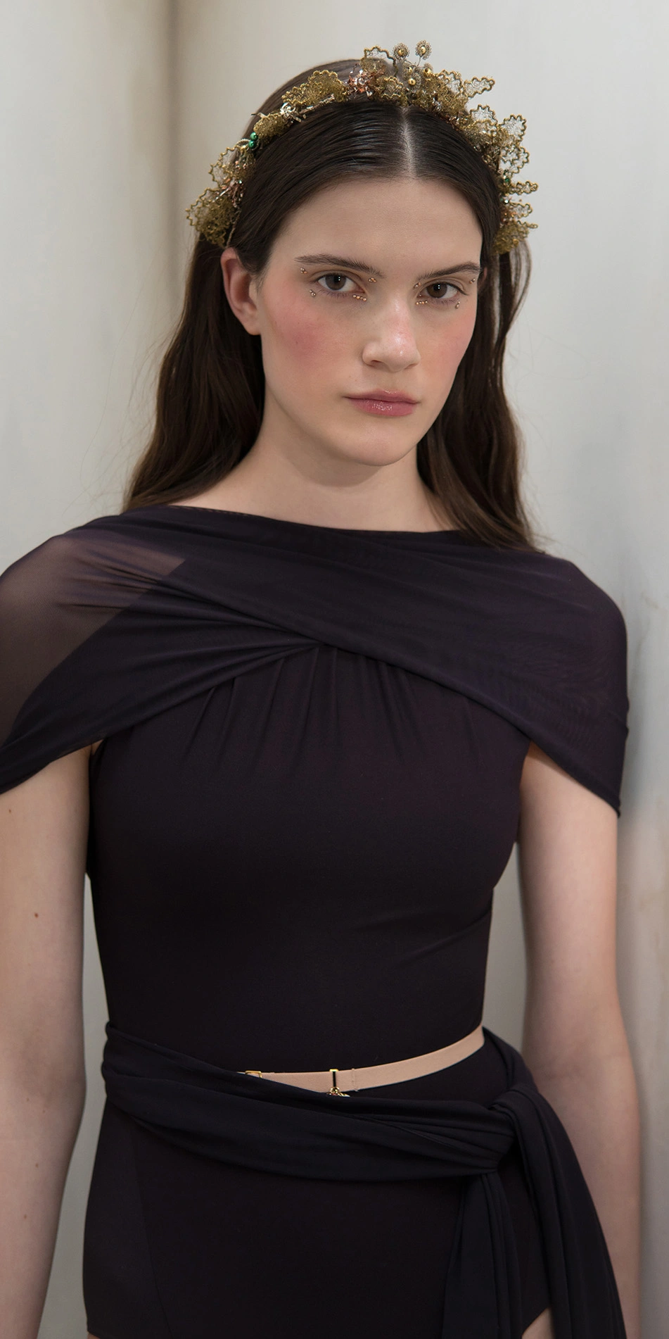 Halter scarf leotard in dark purple front close up