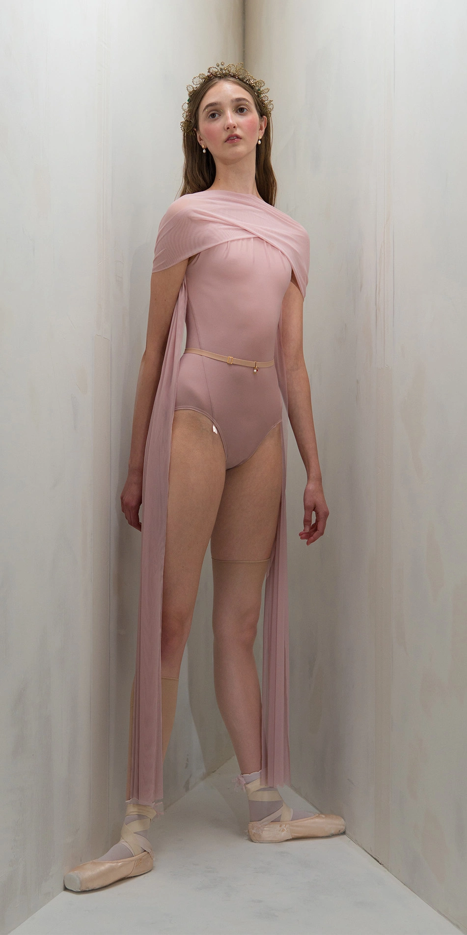 Halter scarf leotard in dusty pink front view