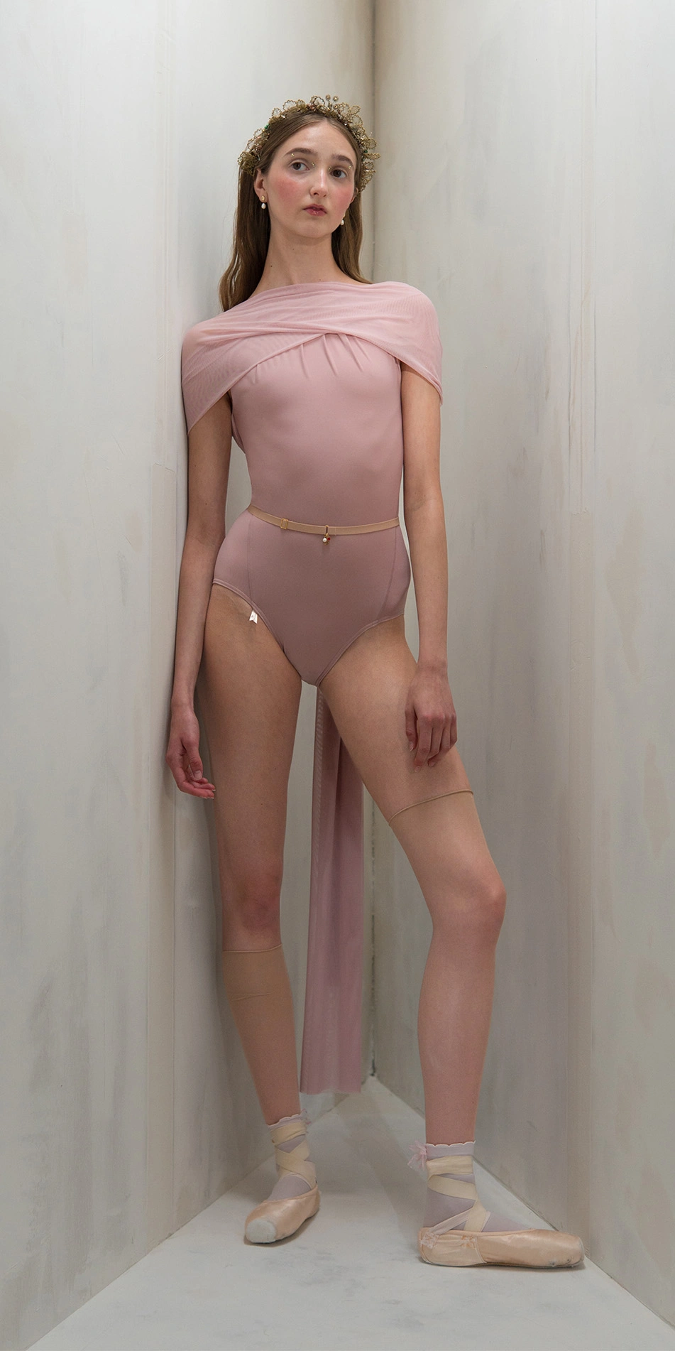 Halter scarf leotard in dusty pink front foot forward