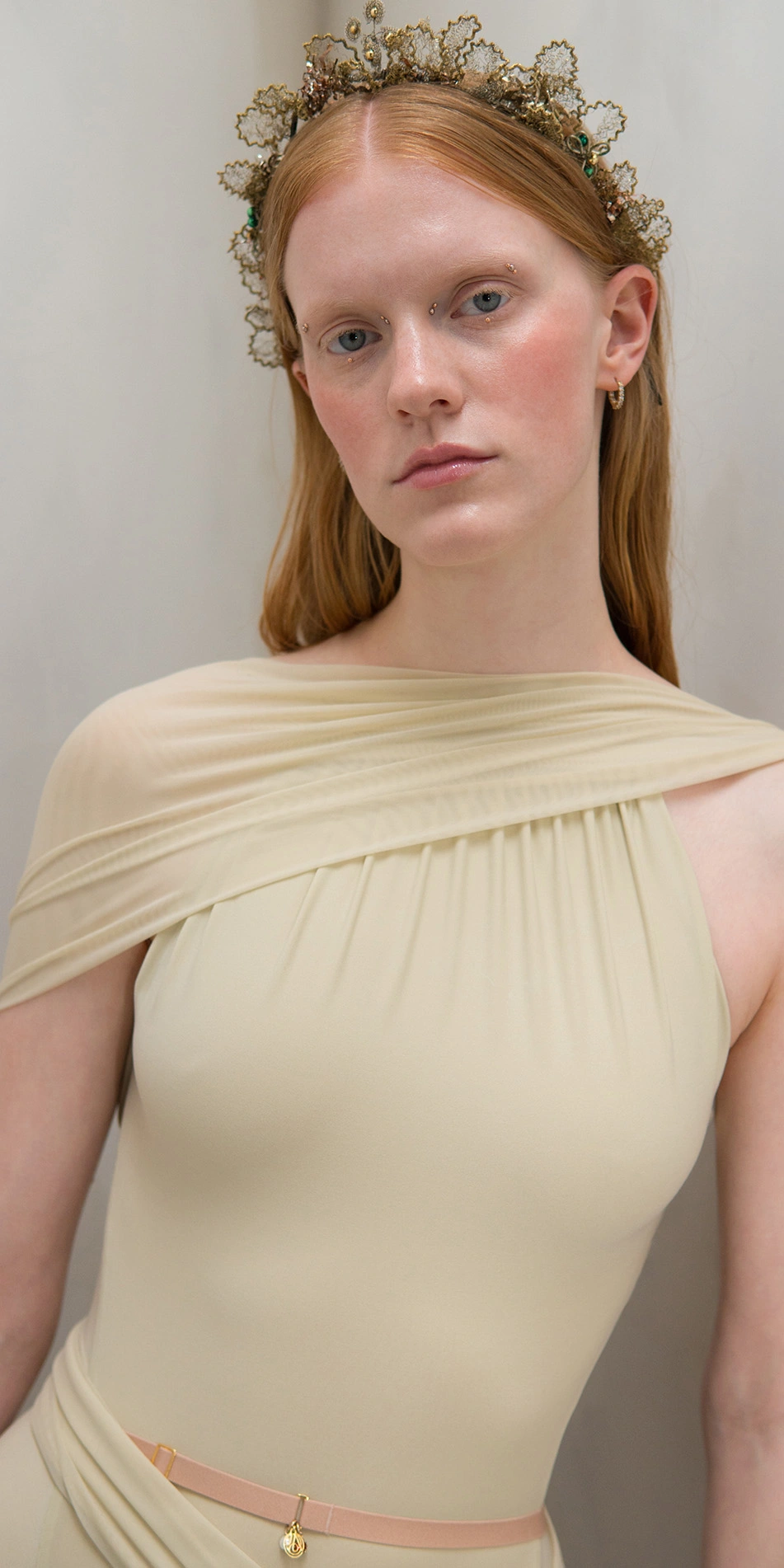Halter scarf leotard in beige front close up